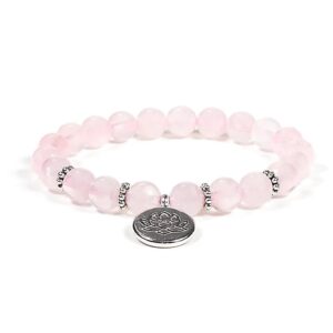 Armband rosenkvarts med hänge lotus, 8 mm pärlor