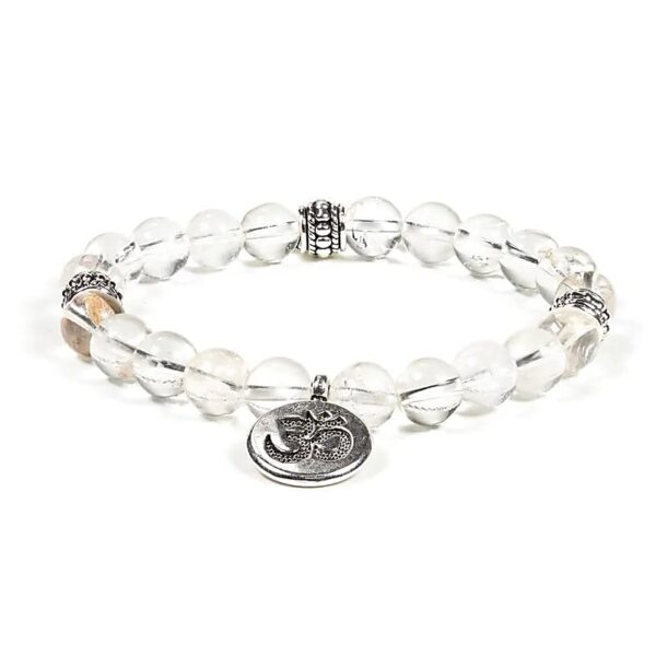 Armband bergkristall med hänge Aum, 8 mm pärlor