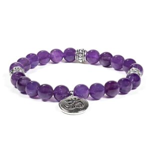Armband ametist med hänge Aum, 8 mm pärlor
