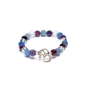 Armband Aum med pärlor av ametist, blå aventurin & bergkristall, 8 mm