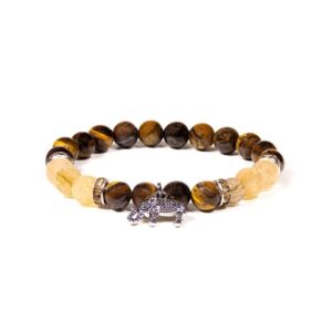 Armband tigeröga & rutilerad kvarts med elefant, 8 mm pärlor