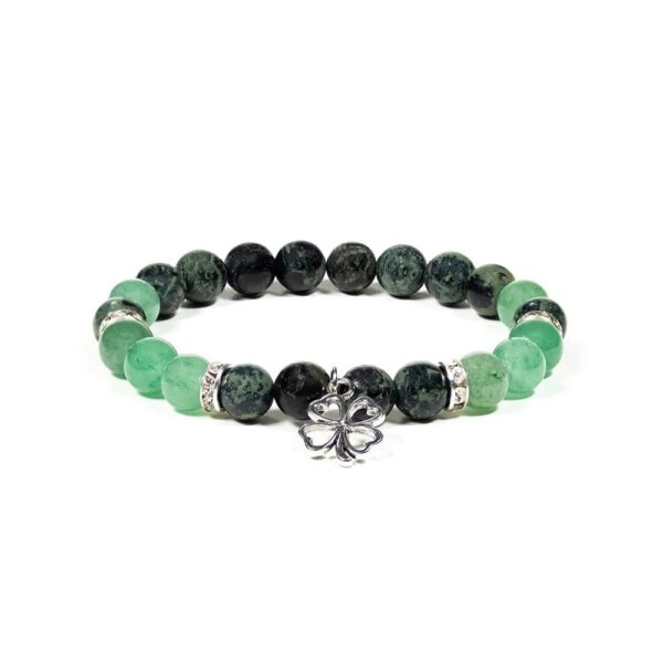 Armband kambaba jaspis och grön aventurin, med fyrklöver, 8 mm pärlor
