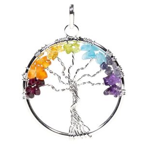Hänge chakra träd av silverfärgad mässing och stenar, 4 cm