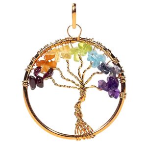 Hänge chakra träd av guldfärgad mässing och stenar, 4 cm