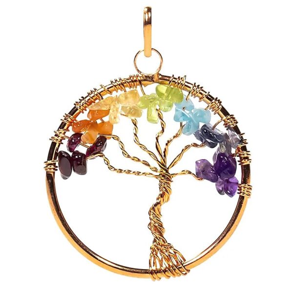 Hänge chakra träd av guldfärgad mässing och stenar, 4 cm