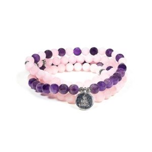 Mala rosenkvarts/ametist med Buddha elastiskt, 0,8 cm