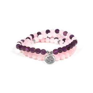 Mala rosenkvarts/ametist med Aum elastiskt, 0,8 cm