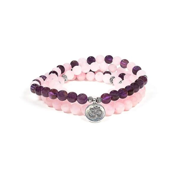 Mala rosenkvarts/ametist med Aum elastiskt, 0,8 cm