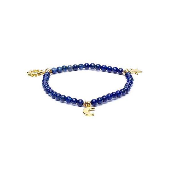 Armband lapis lazuli, elastiskt med stjärna/måne/sol-berlocker, 4 mm