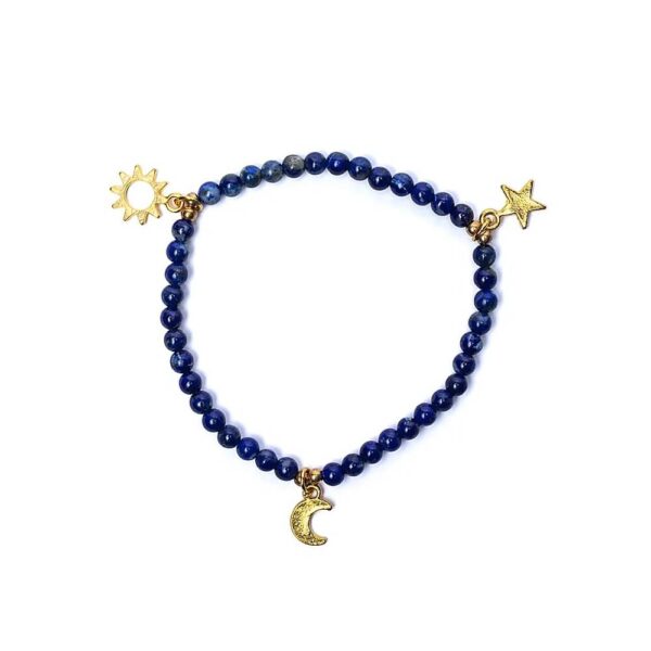 Armband lapis lazuli, elastiskt med stjärna/måne/sol-berlocker, 4 mm - Bild 2
