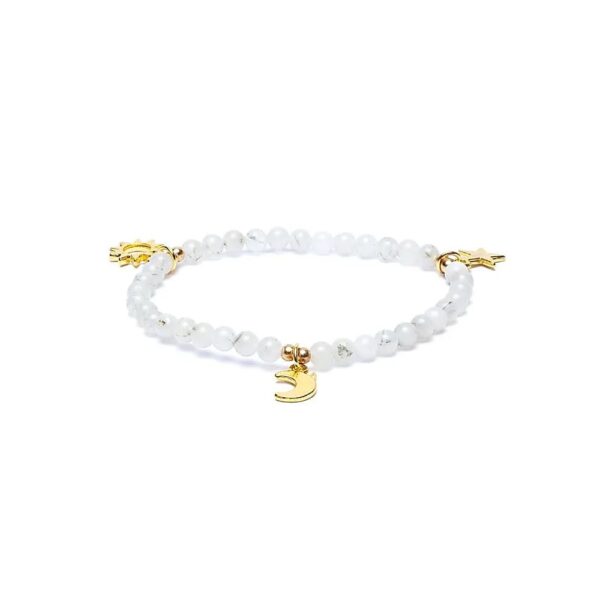Armband månsten, elastiskt med stjärna/måne/sol-berlocker, 4 mm