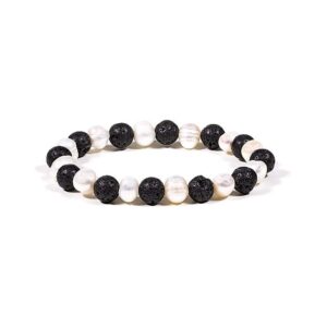 Armband lavasten och naturpärlor, elastiskt, 8 mm
