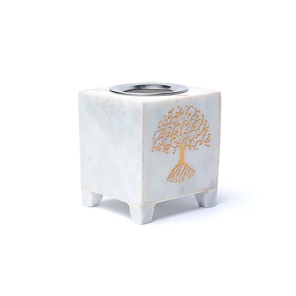 Rökelsebrännare livets träd vit marmor, 7,6x7,6x8,8 cm