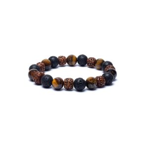Armband rudraksha/tigeröga/lavasten, 10 mm