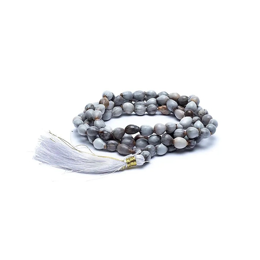Mala vaijayanti frö 108 pärlor med vit tofs + påse, 0,6 cm