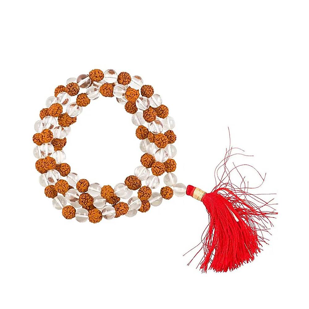 Mala Bergkristall/Rudraksha AA 108 pärlor + påse, 0,8 cm
