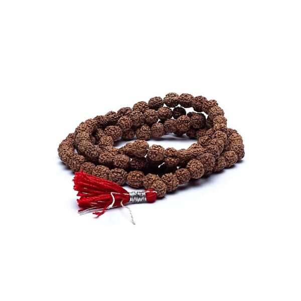 Mala Rudraksha 108 pärlor med röd tofs, 1 cm