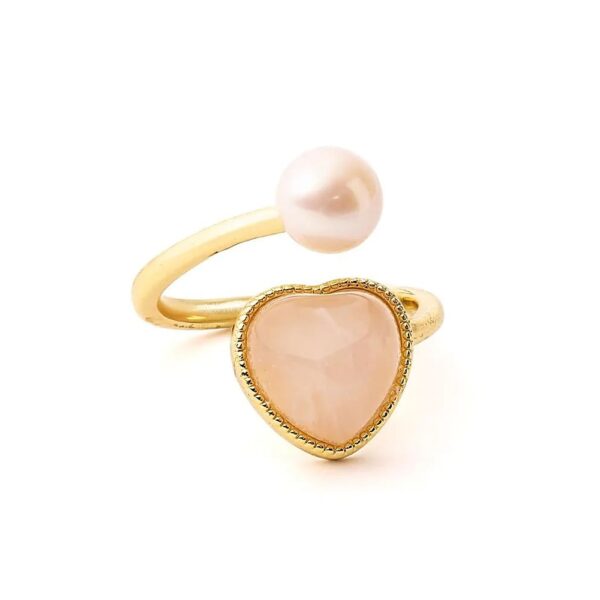 Justerbar ring med pärla och rosenkvartshjärta, ±2 cm