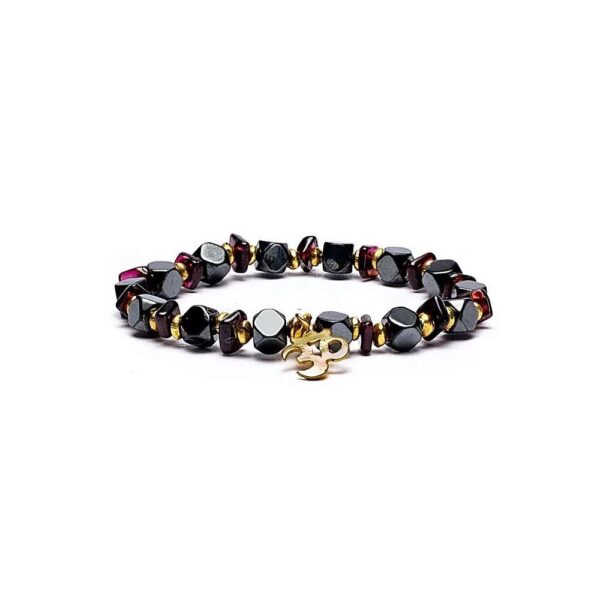 Hematit/granat fasett armband med Aum, elastiskt, 5 mm