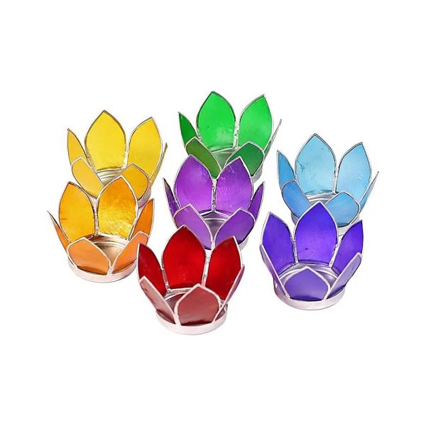 Lotusblomma för värmeljus, set om 7, liten chakra silverkant, 8 cm