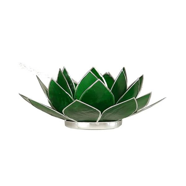 Lotusblomma för värmeljus, chakra 4 grön silverkant, 13,5 cm