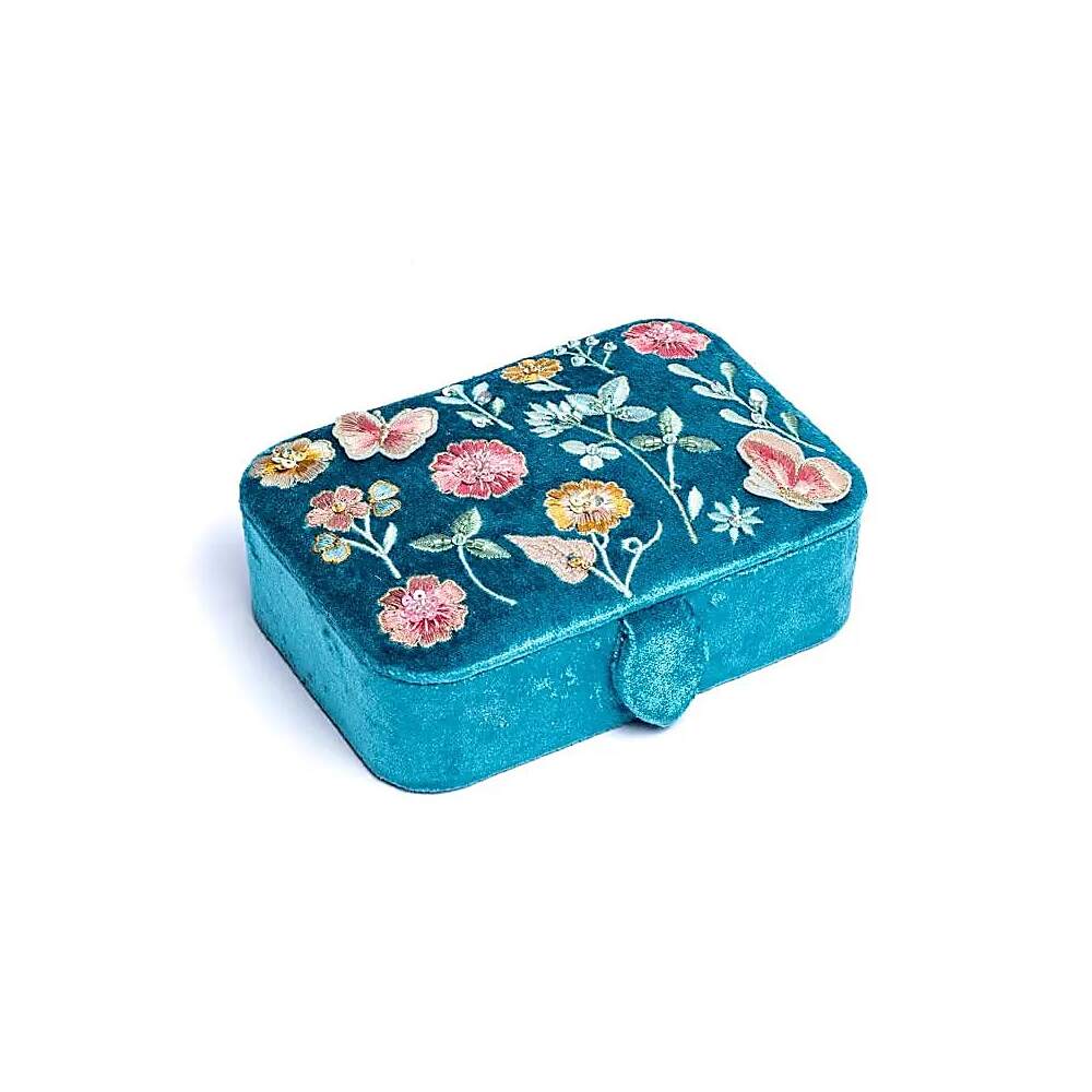 Smycken / Tarotskrin sammet blå med blommor, 11x15,5x5 cm