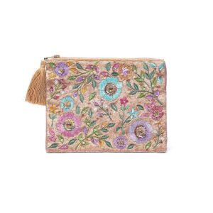 Beige sammetspåse med dragkedja, blommor, 20x15 cm