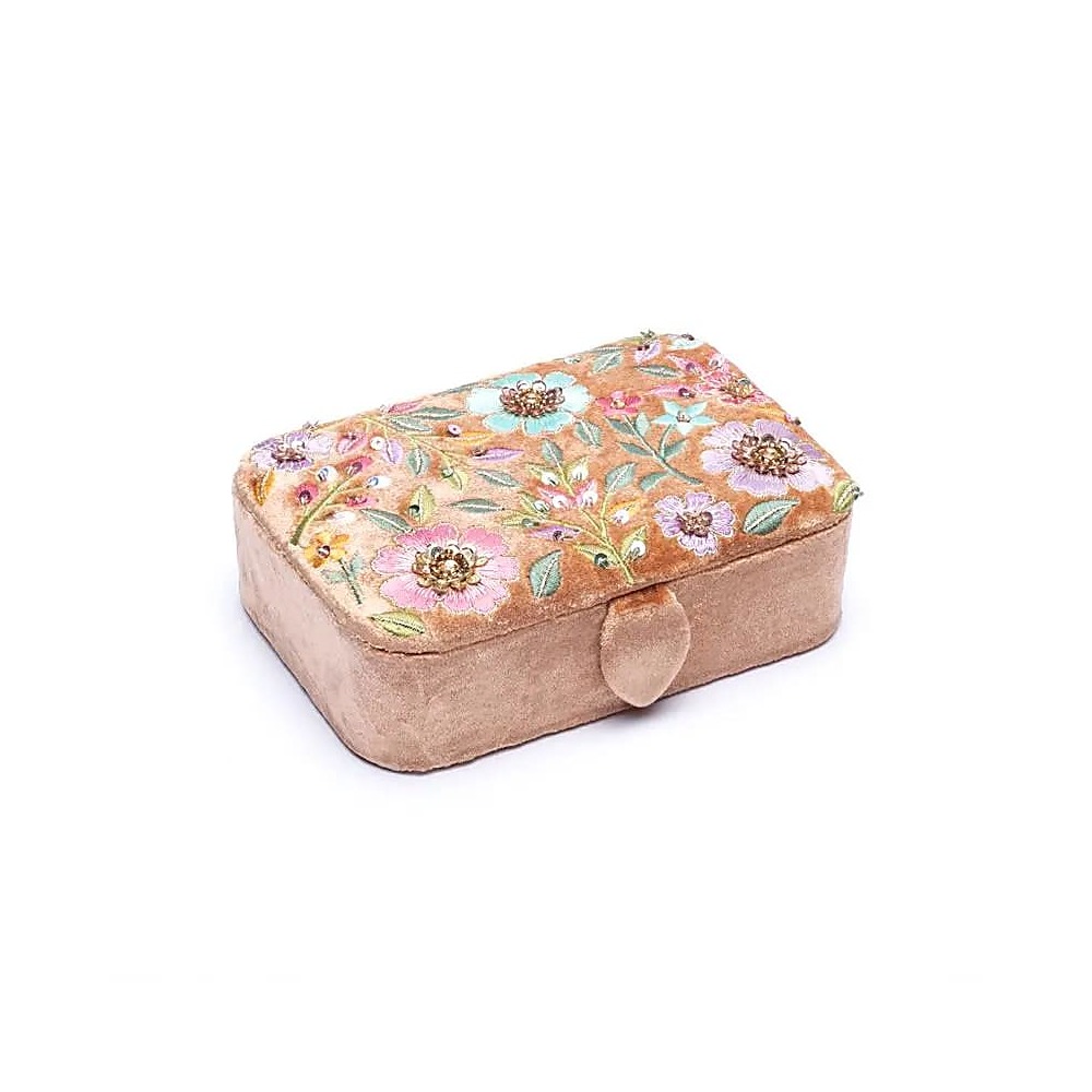 Smycken / Tarotskrin sammet beige med blommor, 11x15,5x5 cm