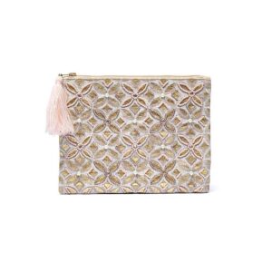 Beige/guld sammetspåse med dragkedja, Livets Blomma, 20x15 cm