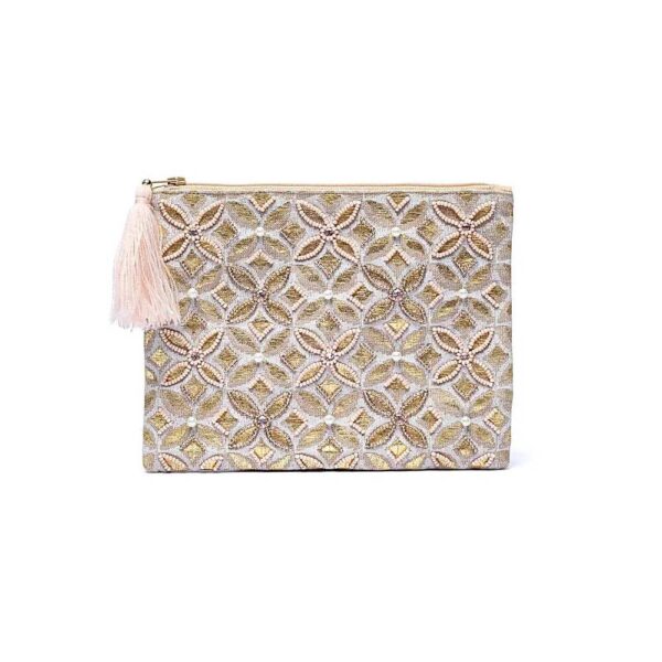 Beige/guld sammetspåse med dragkedja, Livets Blomma, 20x15 cm