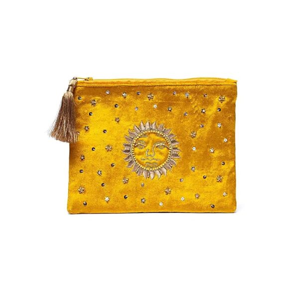 Gul sammetspåse med dragkedja, sol, 20x15 cm