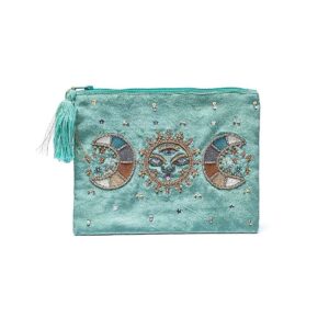 Mintgrön sammetspåse med dragkedja, månfaser, 20x15 cm