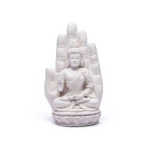 Buddha i handen i vit, 14 x 23 cm