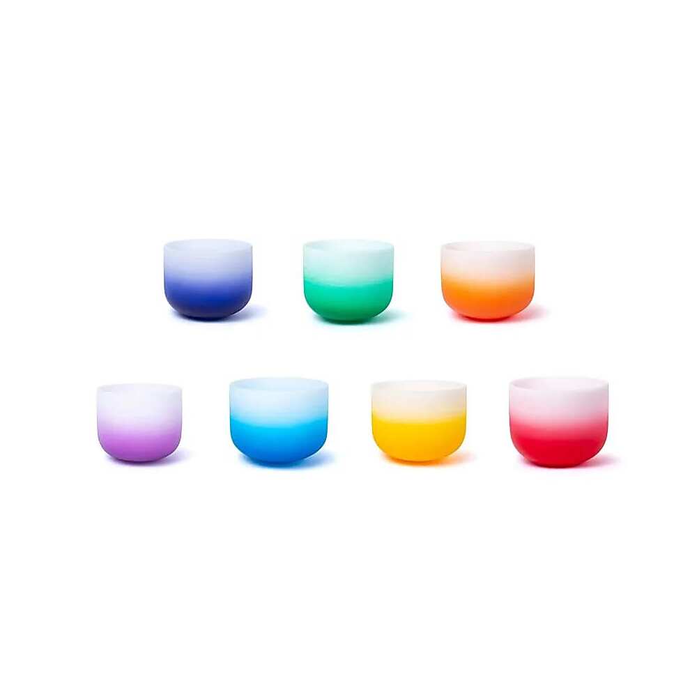 Set 7 kristall-klangskålar Aria gradient design 432 hz + 2 kuddar, 20-25cm