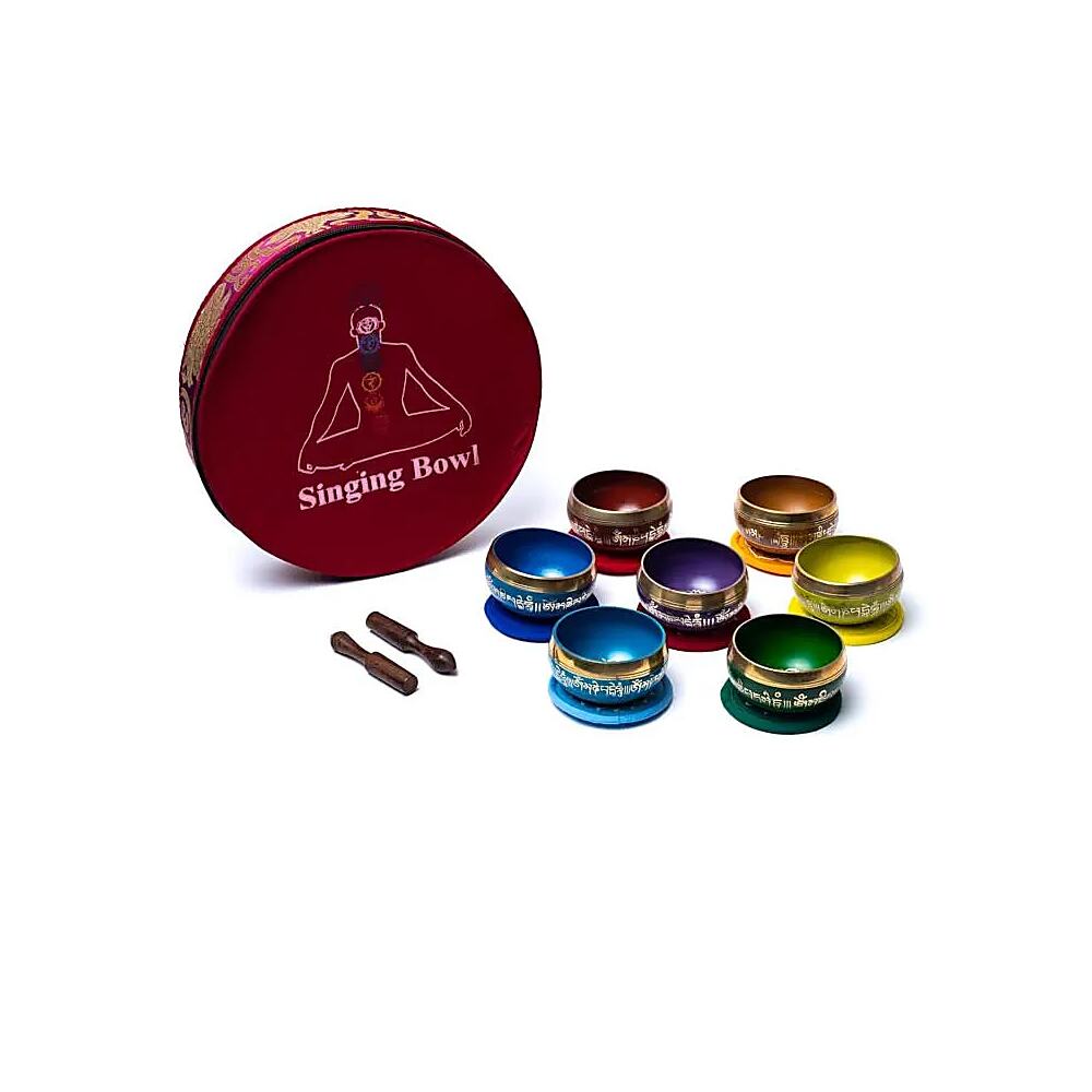 Set klangskål chakra färgade med påse, ±1450g