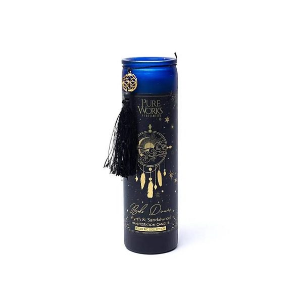 Manifestationsljus Boho Dreams i glas med tofs, 300 g